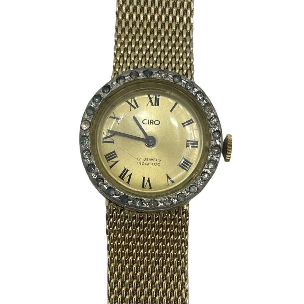 Vtg Ciro Incabloc Bejeweled Mechanical Women's Wrist Watch 10K Rolled Gold Plate